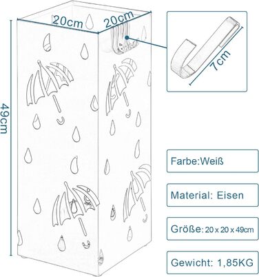 Lestarain Metal Umbrella Stand with Water Tray and Hooks - White Cube Design, 20x20x49cm