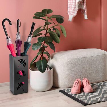 Metal Umbrella Stand - Square Design for Entryway - 16x16x42cm - Black