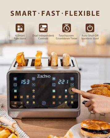 Тостер на 4 шматочки з сенсорним екраном та таймером – нержавіюча сталь, довгі слоти, 2 незалежні зони температури, підставка для бургерів та сендвічів, 6 програм, срібний колір