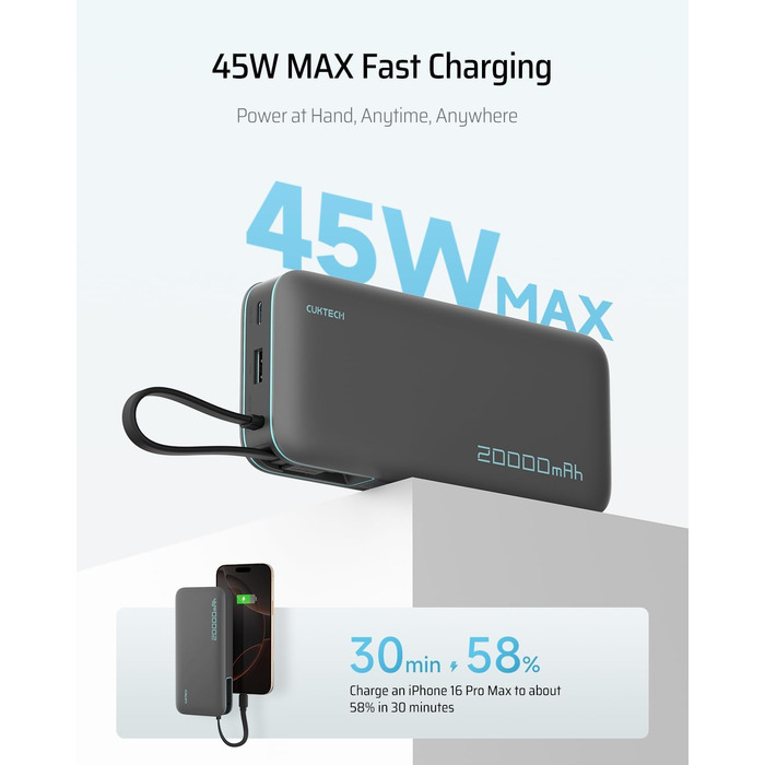 Power Bank CUKTECH 20000mAh з USB-C кабелем, 45W, білий. Швидка зарядка, цифровий дисплей для iPhone, MacBook, Galaxy.
