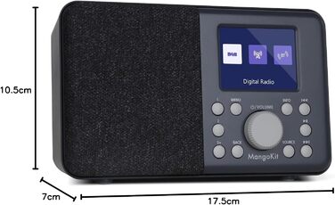 Портативне цифрове радіо MD3 DAB/DAB+/FM з Bluetooth, динаміком та навушниками, 40 станцій, будильник, годинник, таймер, кольоровий дисплей, батарея та мережа (темно-сірий)