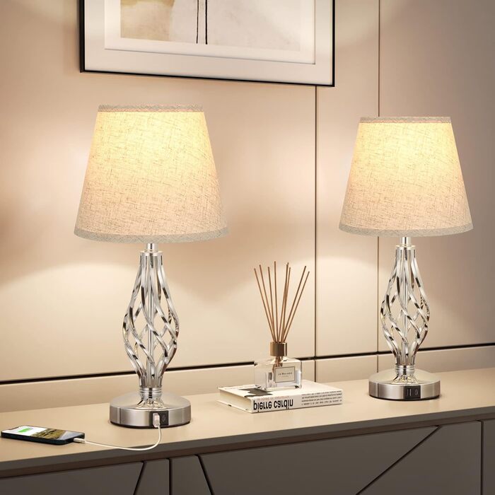 Настільна лампа Kakanuo 2 шт., торшер з торшером, регульоване торшером, USB-порт A+C, сірий абажур, 2 LED-лампи, сучасний дизайн для спальні, вітальні, офісу, декору (C-beige)