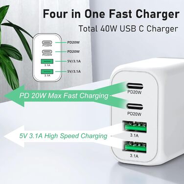 Зарядний пристрій USB-C 40W 4-портовий Cshare з PD 3.0, білий. Сумісний з iPhone, iPad, Samsung Galaxy, Android та іншими пристроями.