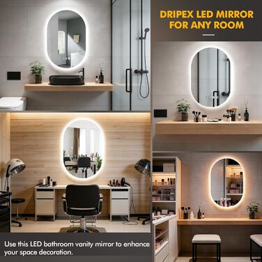 Дзеркало для ванної кімнати з підсвічуванням 50x70 см, з підігрівом, годинником, LED-підсвічуванням, сенсорною панеллю, функцією пам'яті, 3 кольори світла, регулювання яскравості