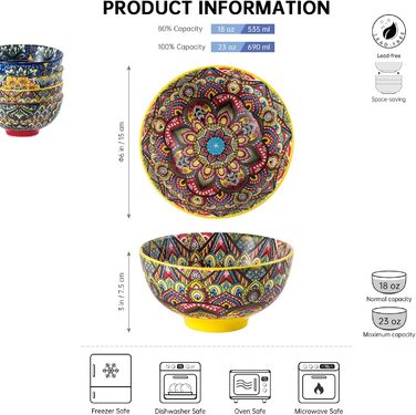 Набір супових тарілок Henten Home, 4 шт. - 300 мл, порцеляна, для супу, десерту, морозива, набір, богемний стиль