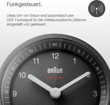 Classic analog radio alarm clock by Braun for the Central European Time Zone (CET/GMT+1) with snooze function and light, quiet movement, crescendo alarm in black, model BC07B-DCF