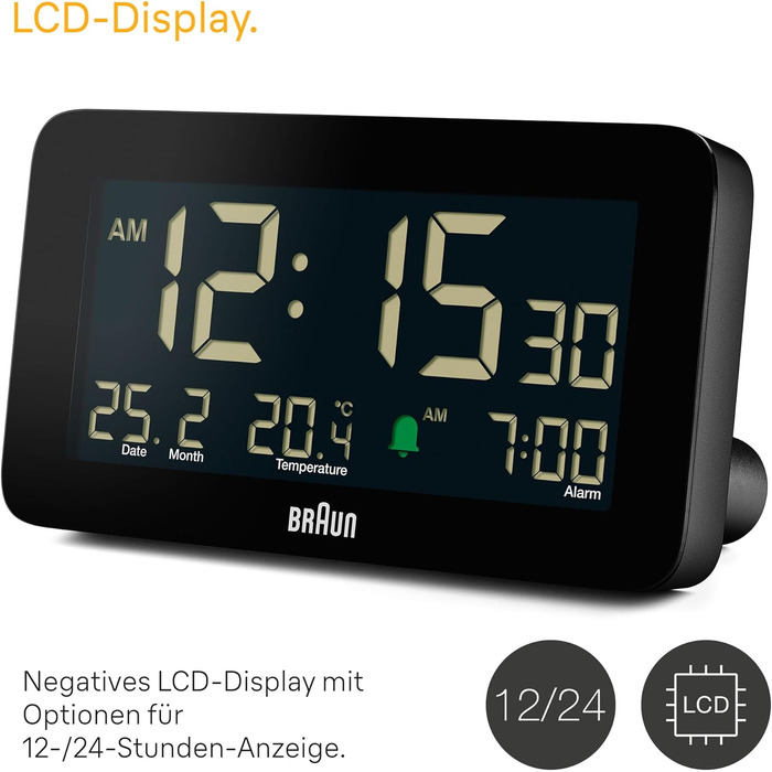 Braun Digital Alarm Clock with Date, Month, and Temperature Display, Negative LCD Display, Quick Set Function, and Gradual Alarm Sound in Black, Model BC10B.