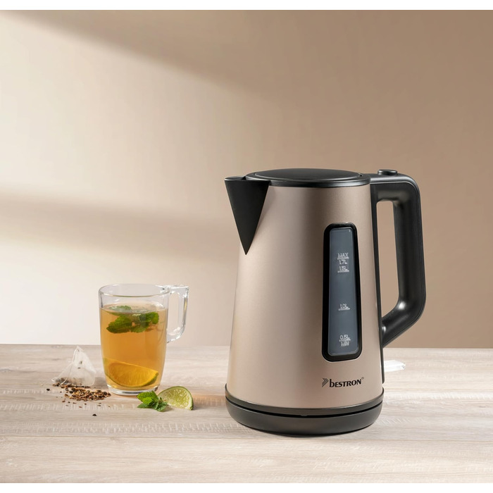 Bestron Electric Kettle with 360° Swivel Base, Auto Shut-Off & Boil-Dry Protection, 1.7L Capacity, 2200W, Black/Wood (Light Beige)