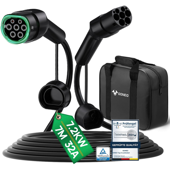 Кабель для зарядки електромобіля GONEO Typ 2 (11кВт, 16А) 3-фазний, з сумкою. Сумісний з Tesla Model S/3/X/Y, e-Golf, ID.3, i3/i8