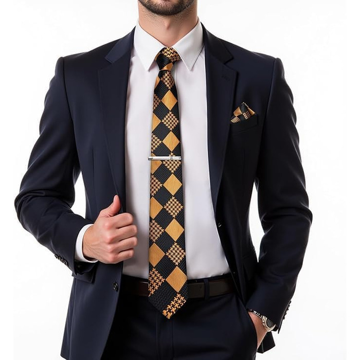 Чоловіча краватка DiBanGu з шовку, візерунок пає, квітковий принт, комплект: краватка, нагрудна хустинка, краватки-застібки, краваткова блискавка, класичний стиль, для весілля, свят, чорно-золота в клітинку