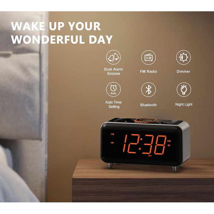 iTOMA Radio Alarm Clock with App Control, Bluetooth, FM Radio, Dual Alarm with 4 Alarm Modes, Easy Snooze, Dimmer, Orange Night Light, 12/24 Hr via USB Charging Port CKS208