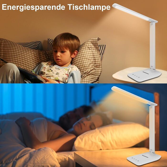 Стійка лампа Jumoking LED з регулюванням яскравості та захистом очей, USB-порт, сенсорне керування, 5 кольорів та 5 рівнів яскравості, для дітей, спальні, читання, офісу (біла)