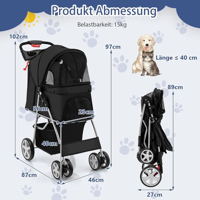 Візок для собак SOARS, до 15 кг, складаний, з сітчастими віконцями, тримачем для напоїв та кошиком для зберігання, для маленьких тварин (Чорний)