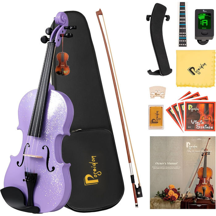 Скрипка Poseidon для початківців: повний стартовий набір з аксесуарами (2 смичка, 2 коліфоні, мостик, запасні струни, підставка, кліп-он тюнер), 4/4, білий/фіолетовий (зіркове небо)