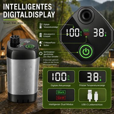 Romicta Портативний душ для кемпінгу з акумулятором 6000mAh та LED-дисплеєм – Складний душ, 4 режими розпилення, водонепроникний IPX7, для походу, подорожей, авто, тварин, активного відпочинку