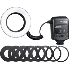 Godox ML-150II Макро-кільцевий спалах: 11 рівнів яскравості, кольорова температура 5800K, GN12, швидка перезарядка, 8 адаптерних кільця для Canon, Nikon, Sony DSLR камер