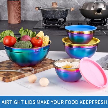 Набір змішувальних мисок Onlycooker Rainbow з кришкою, 18/10 нержавіюча сталь, 4 шт., 1.5, 2.1, 3.6, 5.5 л, для салатів та приготування їжі