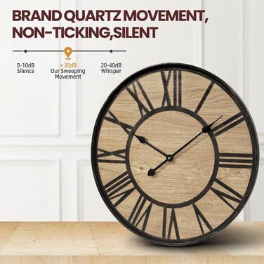 Large Wall Clock Without Ticking, 50 cm / Silent Wood Vintage Wall Clock Retro Battery Powered Modern For Living Room Bedroom, Kitchen, Farmhouse, Office Decoration (14 inch, Antique Bronze Metal - Roman Numerals)