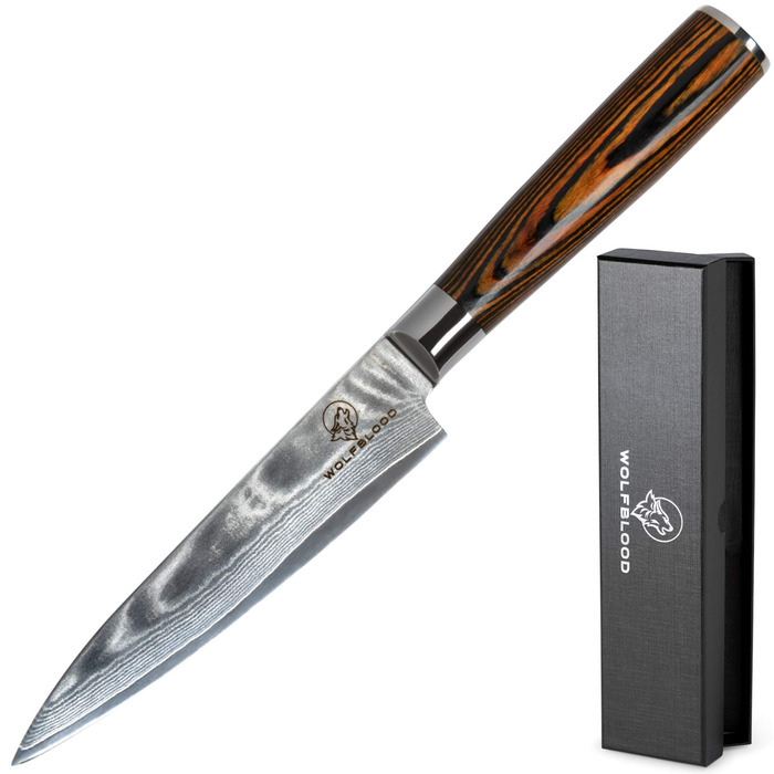 Кухонний ніж Wolfblood Damastmesser з дамаської сталі (24 см) 62 HRC, сертифікований TÜV. Ніж шеф-кухаря з дерев'яною ручкою, подарункова коробка та захист леза