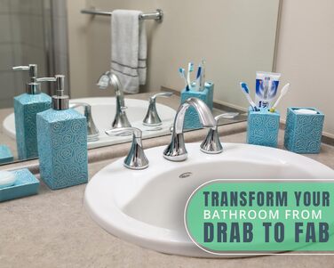 Designer 4-Piece Bathroom Accessory Set - Ceramic Bathroom Set with Liquid Soap or Lotion Dispenser, Toothbrush Holder, Cup, and Soap Dish - Decorative Set with Embossed Details - Vanity Accessory