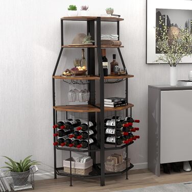 VEDECASA Corner Wine Rack Freestanding 5-Tier Corner Bar Shelf with Glass Holder and Wine Storage Industrial Wine Rack Wine Bar Cabinet for Kitchen Bar Cellar Dining Room vintage brown-black