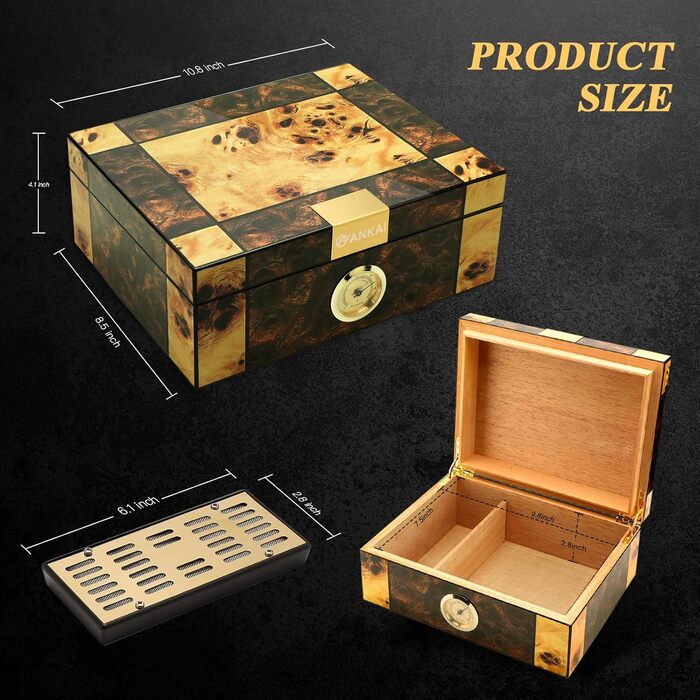 Гумодор для сигар з гігрометром та зволожувачем, коробка для сигар з масивного червоного дерева, кейс для 25-50 сигар, дорожній гумодор