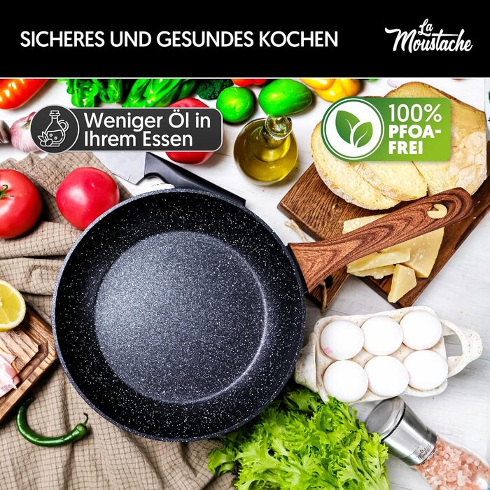 La Moustache - 8-Piece Cookware Set, Non-Stick Aluminum, 3 Pots with 3 Tempered Glass Lids and 2 Frying Pans for All Cooktops, Including Induction (Onix)