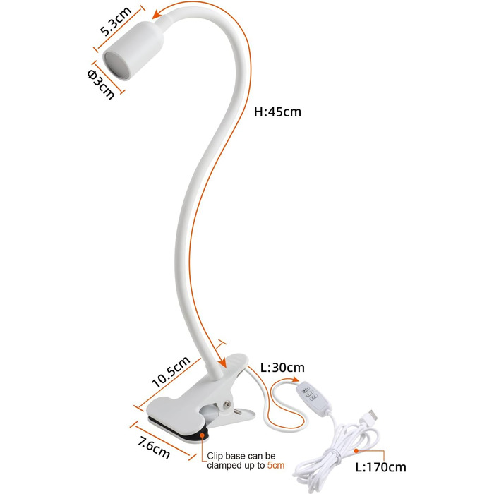 LED Лампа для читання на ліжко з кліпсою da LIGHT, диммер, 3 режими, USB, для навчання, роботи (біла)