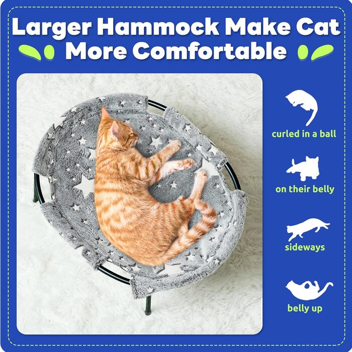 Cat Hammock Bed with Glowing Stars – Freestanding, Soft Cat Bed for Large Cats/Small Dogs, Breathable & Washable, Pet Bed for Indoor/Outdoor Use, Grey (L)