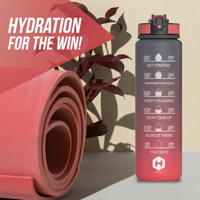 1L Drinking Bottle - BPA-Free Drinking Bottle with Straw and Time Markings - Water Bottle for Bicycle, Outdoor, School, Running, and Gym - Carbonated Drink Bottle Suitable (gray and red)