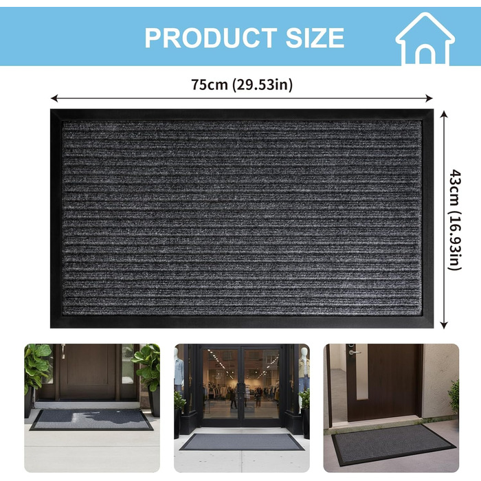 Килимок для дому та вулиці Cozary 43x75 см, сірий. Не слизький, миючий, довговічний. Для входу, тераси, саду.