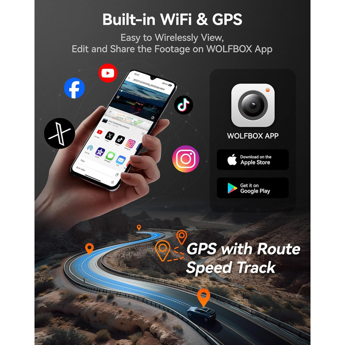 WOLFBOX i07: Автомобільний відеореєстратор 3-камерний з WiFi GPS, 4K+1080P+1080P, 2.5K+1080P+1080P, LCD 3