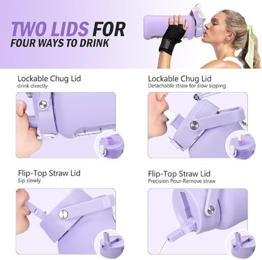 2L Glass Water Bottle with 2 Lids Flip and Go Lid 2 Liter Large Water Jug with Time Marker and Silicone Sleeve BPA-Free Leakproof for Sports Gym, (Purple)