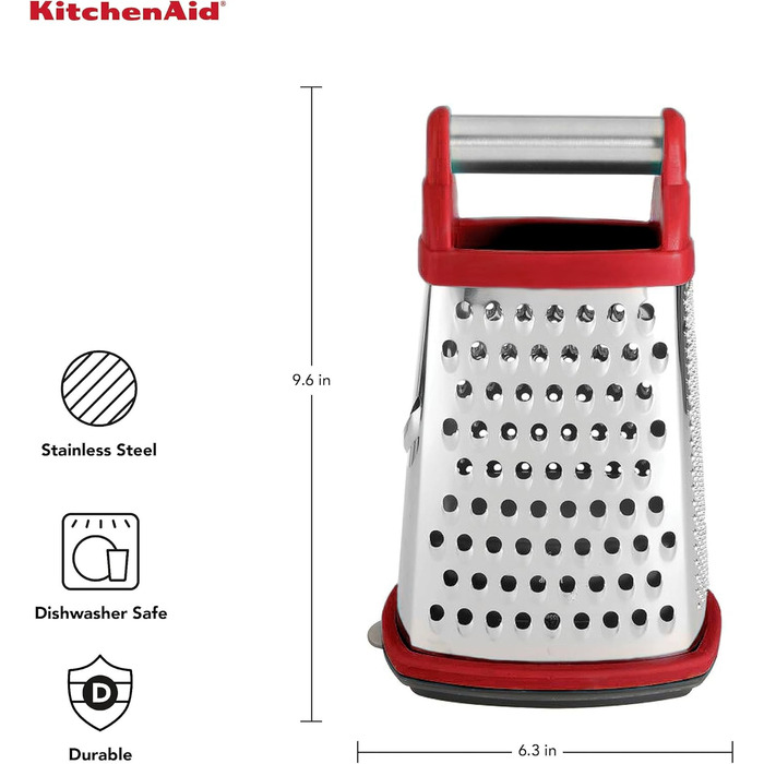 KitchenAid KN300OSERA Gourmet 4-Sided Stainless Steel Box Grater for Fine, Medium, and Coarse Shreds and Slices, Removable 3-Cup Storage Container and Measuring Marks, Dishwasher Safe, Empire