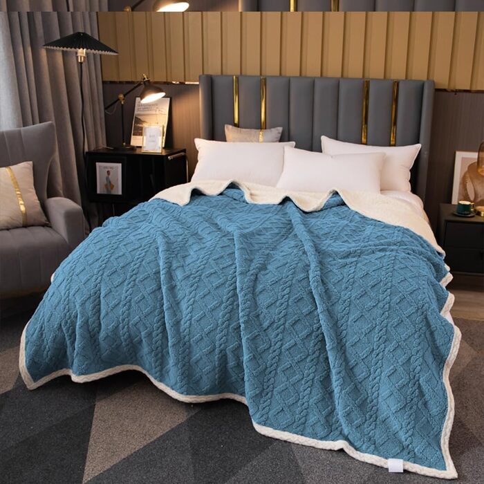 Плед Sherpa-Fleece з начосом, двосторонній, м'який, в'язаний фланелевий плед для дивану, ліжка, 150 x 200 см, сіро-блакитний