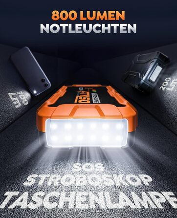 Powerbank для автомобіля 8000A Starthilfe (бензин/дизель 12.0L), 26800mAh, 12V пусковий пристрій з ліхтарем 800 люмен, 2xUSB, посилені кабелі, помаранчевий