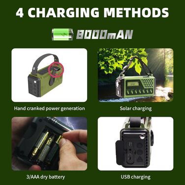 Радіо з ручкою OBEST з акумулятором 8000mAh, USB-зарядкою, компасом та дисплеєм, сонячне та ручне радіо для надзвичайних ситуацій, FM-радіо, ліхтар та світло для читання, SOS-сигнал, для кемпінгу, надзвичайних ситуацій та відключень електроенергії, чорний