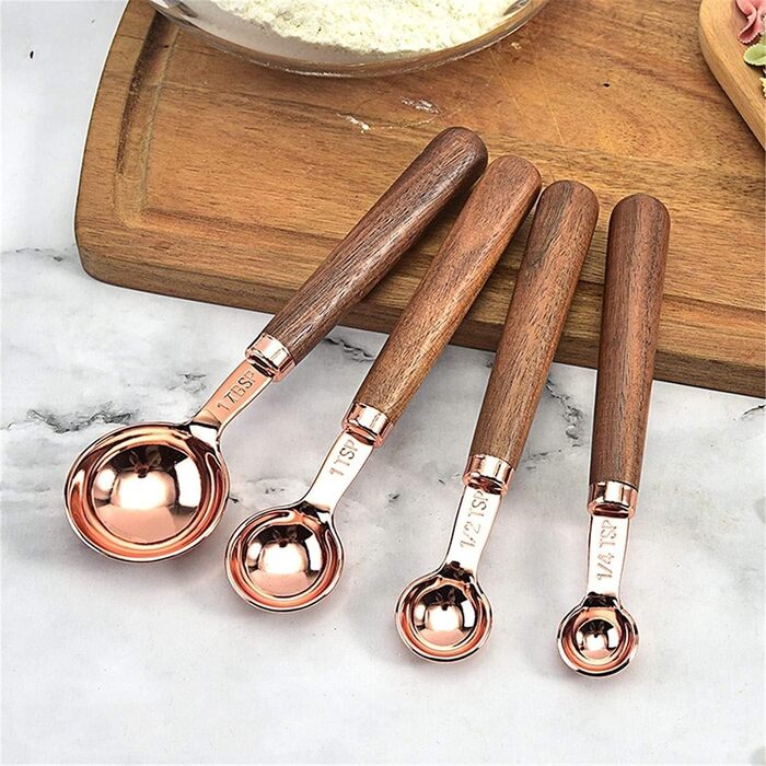 Measuring spoons, measuring spoons with walnut handle, copper-plated measuring spoons, measuring cup set, kitchen and baking utensils (Color: Gold, Size: Measuring cup, 4 pieces) (Color: Gold, Size: Measuring cup, 4 pieces)