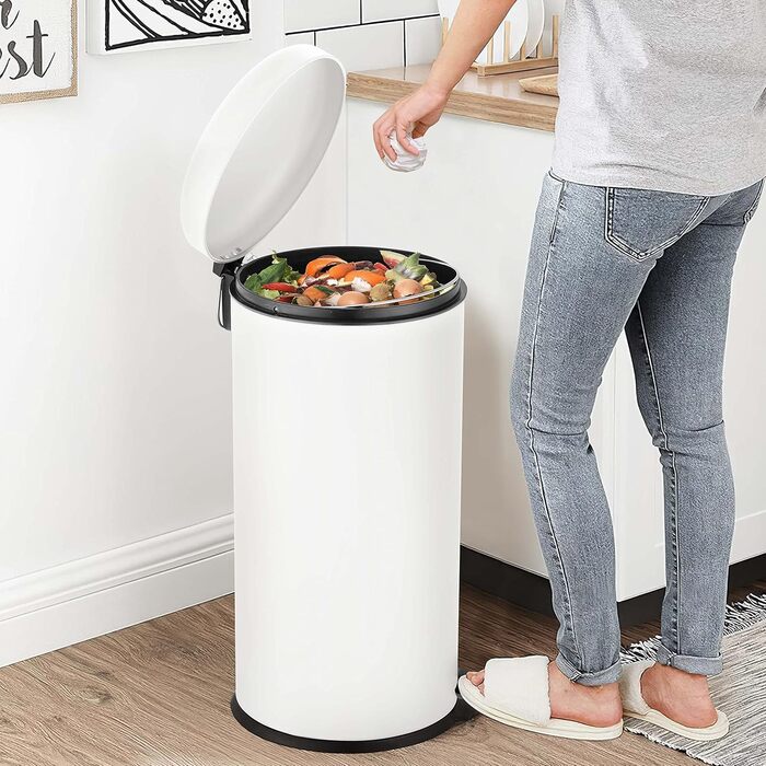 Відро для сміття Ribelli 30L з нержавіючої сталі з педаллю, внутрішнім відром, м'яким закриттям, сортування сміття, кругле (біле)