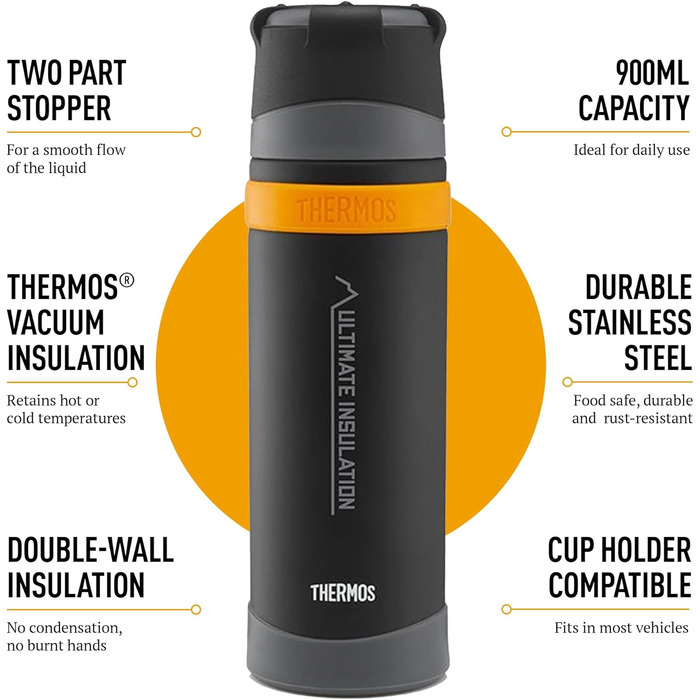 Термос Ultimate Flask 900 мл, матовий чорний, з нержавіючої сталі, для гарячих та холодних напоїв. Зберігає тепло та холод, має витікання.