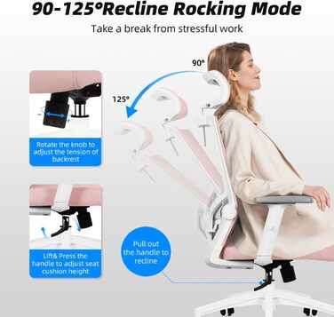 Ергономічне крісло Daccormax для офісу: регульована спинка, підголівник, підлокітники, витривале до 150 кг (Рожевий)