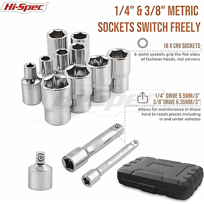 Набір торцевих ключів Hi-Spec 22 шт., дюймовий, 1/4'' і 3/8'' привод, тріскачка, подовжувач, кейс