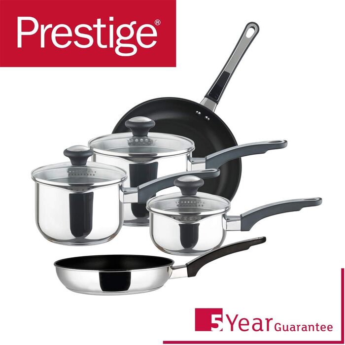Набір каструль і сковорідок Prestige 70106, 5 предметів, нержавіюча сталь, 14/16/18 см каструлі, 20/24 см сковорідки, чорний/сріблястий