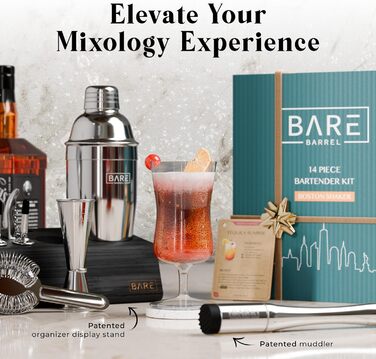 Bare Barrel Pro Cocktail Set - 14-Piece Boston Shaker Set with Stand & Recipe Cards - Bar Accessories - 24oz Cobbler Shaker (Jet Black, Silver, Black)