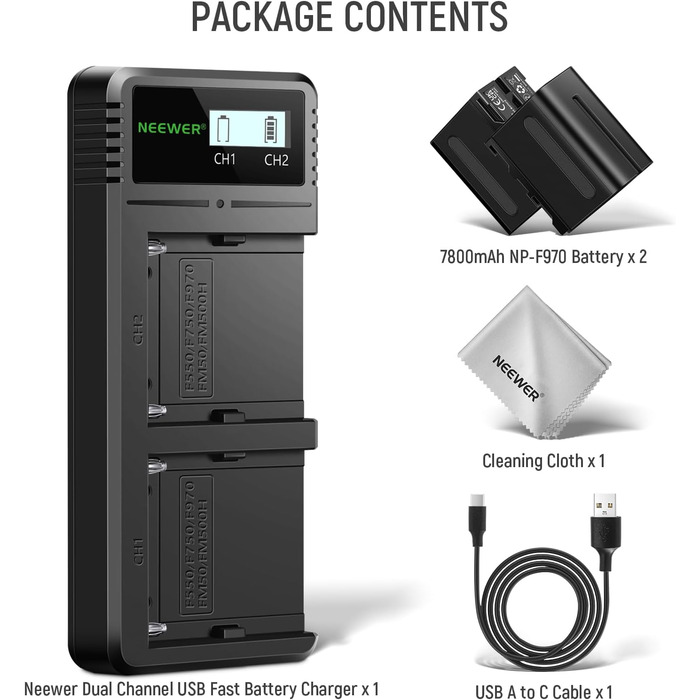 Зарядний пристрій NEEWER Dual USB з 2 шт. акумуляторами 6600mAh NP-F970, швидка зарядка для Sony NP-F970 F960 F950 F770 F750 F570 F550, Handycam, LED-ліхтарі, моторизовані слайдери NEEWER