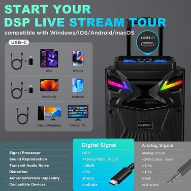 Bluetooth Караоке Машина DSP з 2 Мікрофонами та 2 × 10” Динаміками, Портативна PA-система для Дорослих та Дітей, USB-C Запис, Ефекти DJ, FM, Підтримка TV/Проектора GTSK210-1