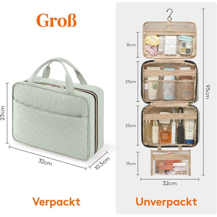 Чохол для туалетних аксесуарів Lifewit для подорожей, великий органайзер для косметики з гачком, прозорий, м'ятно-зелений (L)