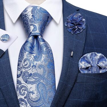 Краватка чоловіча DiBanGu шовкова блакитна з візерунком пейслі, комплект з кишеньковою хустинкою та запонками для весілля, універсальний розмір