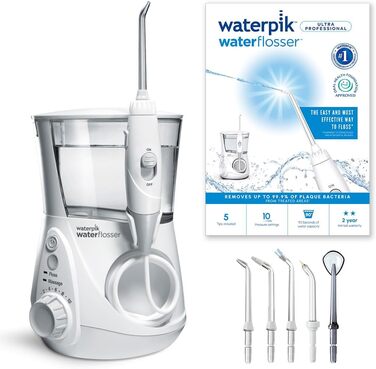 Waterpik Ultra Professional: Іригатор для порожнини рота, тестування 2024, технологія Precision Pulse, сертифікат TÜV, видалення нальоту до 99,9%, 6 насадок, 10 режимів, таймер, білий
