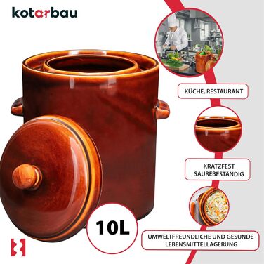 Керамічний гартопф KOTARBAU 10 л, бурий, з герметичною кришкою для квашення, соління, з водяним затвором